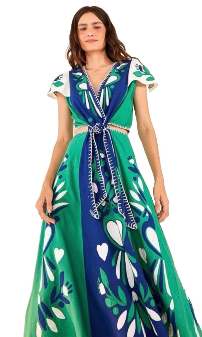 FARM RIO SOFT GARDEN BLUE GREEN FLORAL MIDI DRESS BELTED LINEN BLEND XL